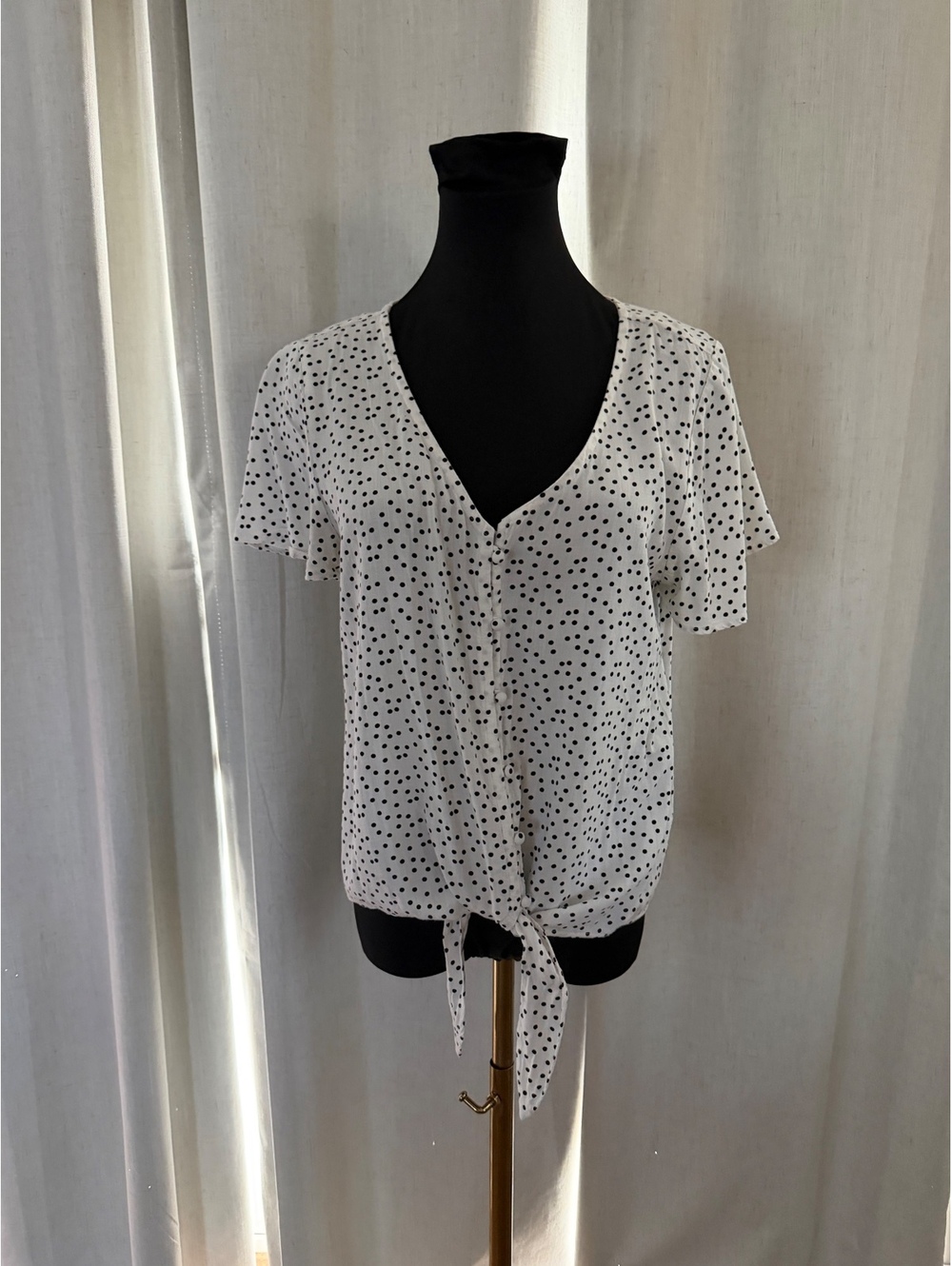 So White Rayon Polka Dot Tie-Front Blouse, Size M